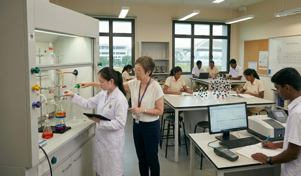 A chemistry teacher guiding a student through a practical experiment
