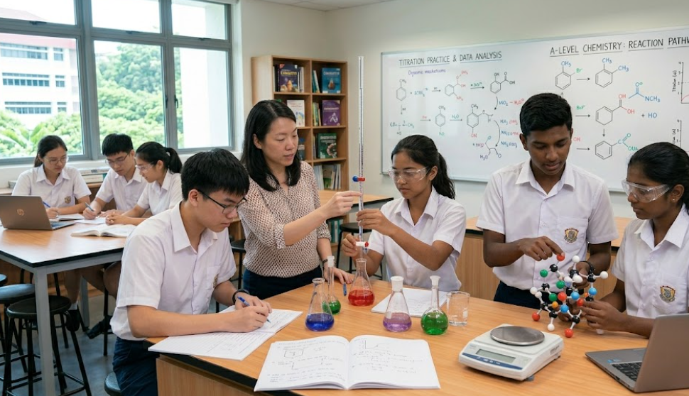 Students conducting a chemistry practical lesson with their teacher